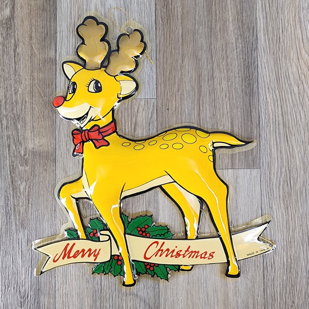Vintage Kitschy Reindeer Merry Christmas Hanging Wall Decor Plastic Taiwan JB